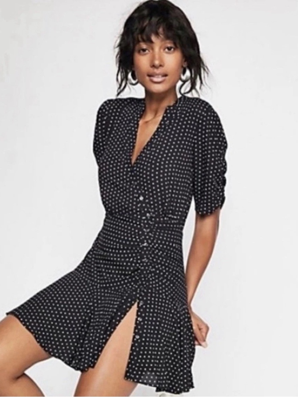 Free People Pippa Short Sleeve Mini Dress Black Polka Dot V‑Neck Dress